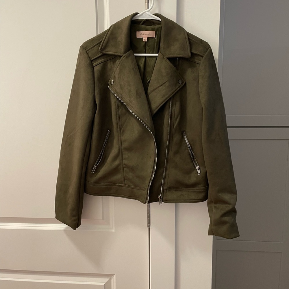 Philosophy Olive green suede zip up jacket. Size L